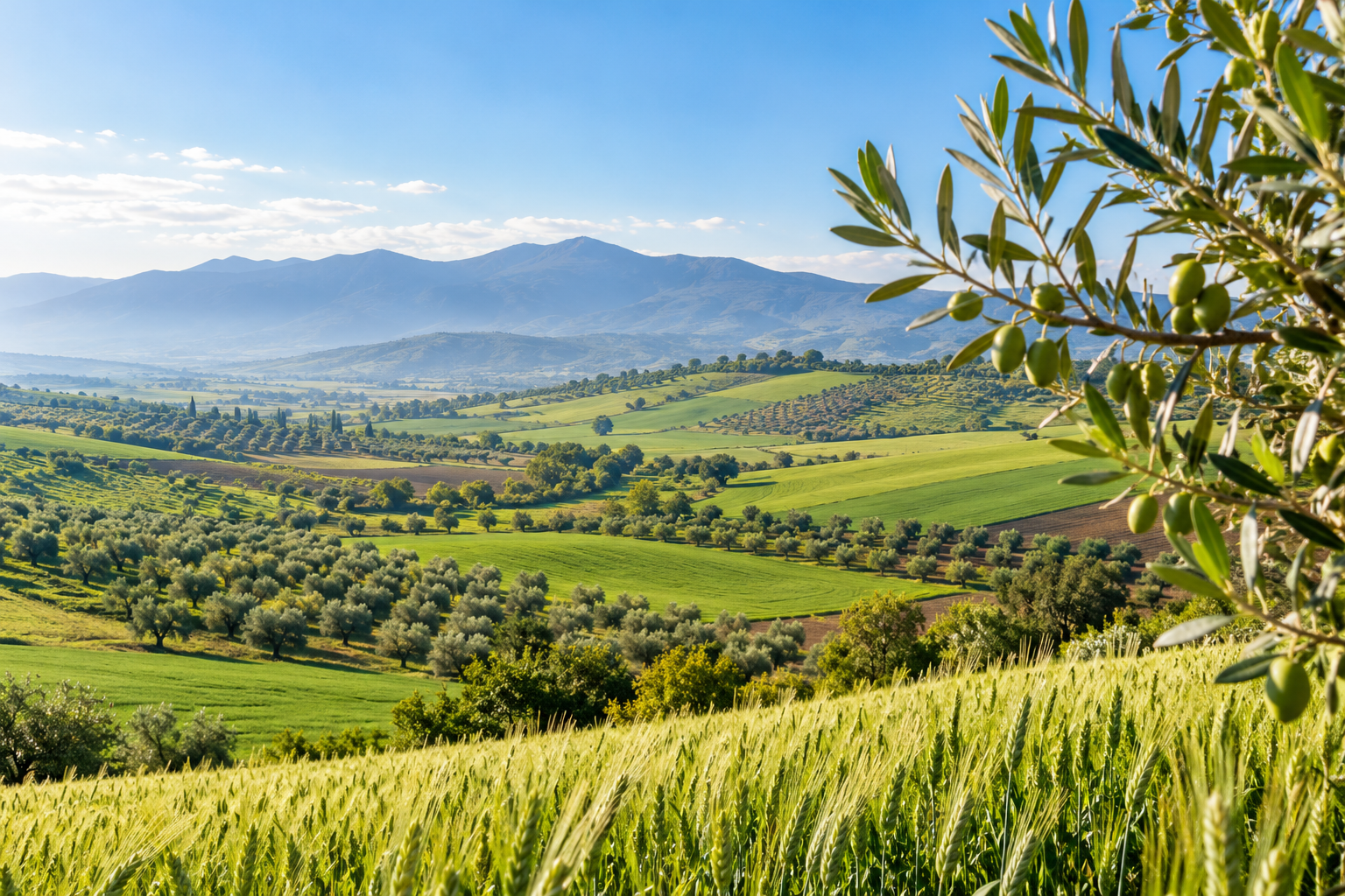Illustration de champs cultivés et d’oliviers, inspirée des paysages de la région de Meknès